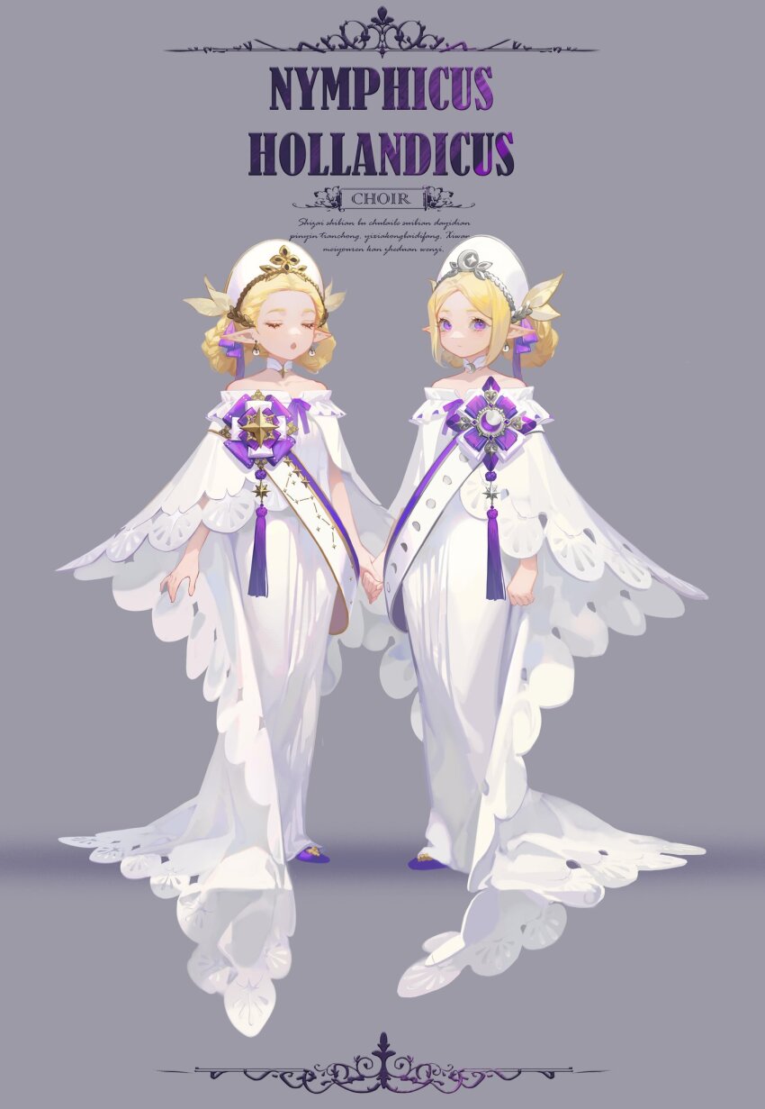 2girls, badge, blonde_hair, bow, braid, braided_hair_rings, cape, choker