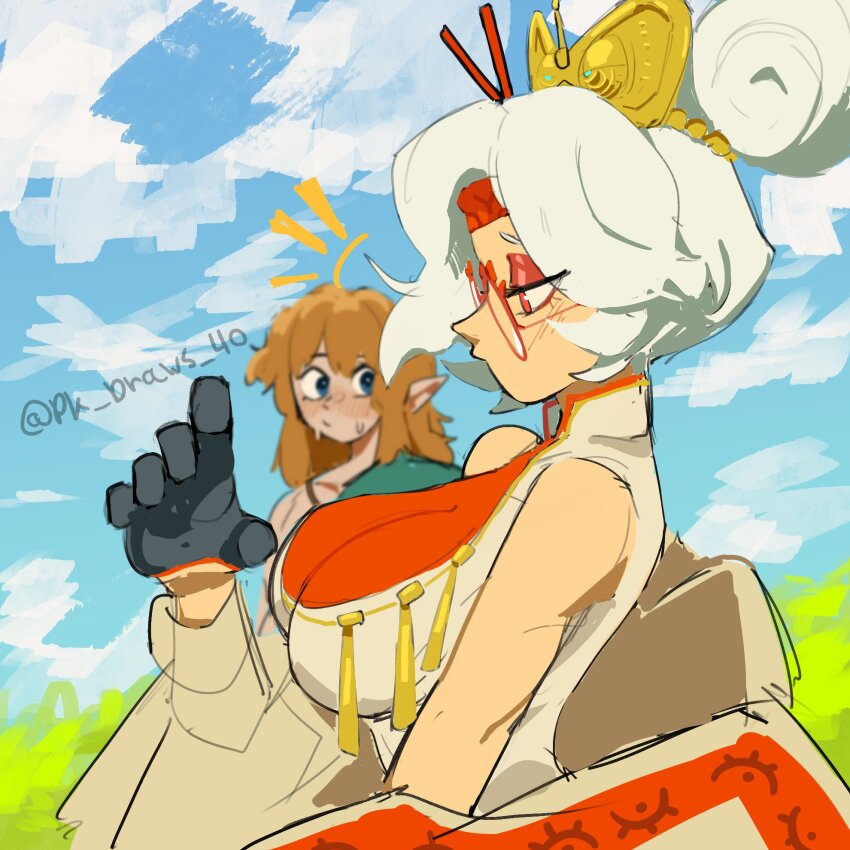 1boy, 1girl, black_gloves, blue_sky, blush, breasts, dkajart, from_side, girl_staring_at_guy's_chest_(meme), glasses, gloves, hair_bun, hairband, highres, jacket, large_breasts, link, looking_at_another, nintendo, open_clothes, open_jacket, pk_draws_40, purah, red_eyes, sideboob, single_hair_bun, sky, the_legend_of_zelda, the_legend_of_zelda:_tears_of_the_kingdom, white_hair, yellow_hairband