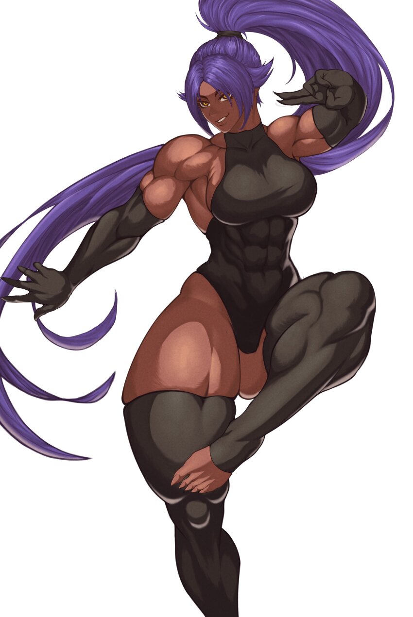 absurdres, black_leotard, bleach, elbow_gloves, fingernails, gloves, highres, leotard, long_hair, milka01477, muscular, muscular_female, purple_hair, sharp_fingernails, sharp_toenails, shihouin_yoruichi, toeless_legwear, toenails, yellow_eyes