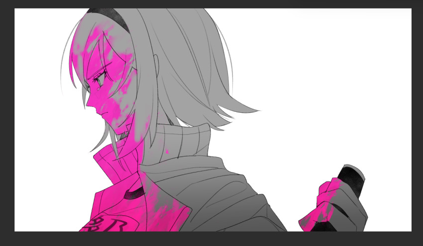 1girl, black_border, blood, blood_on_clothes, blood_on_face, blood_on_hands, blood_splatter, border