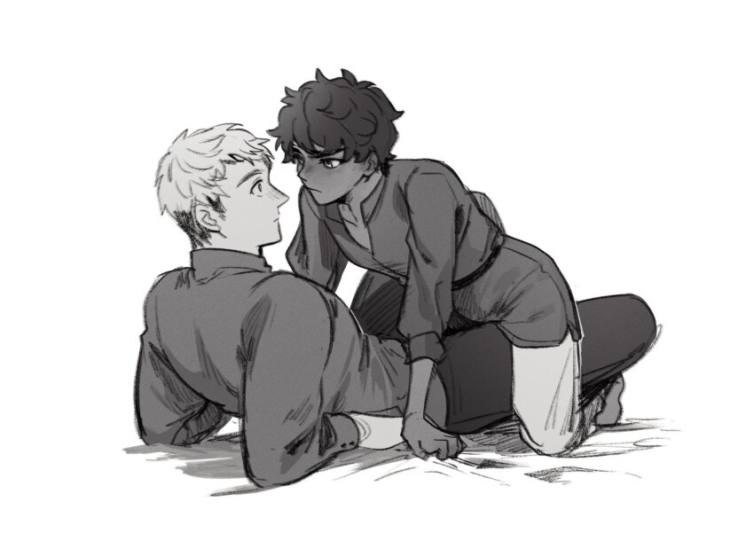 2boys, closed_mouth, collared_shirt, dark-skinned_male, dark_skin, dungeon_meshi, full_body, greyscale