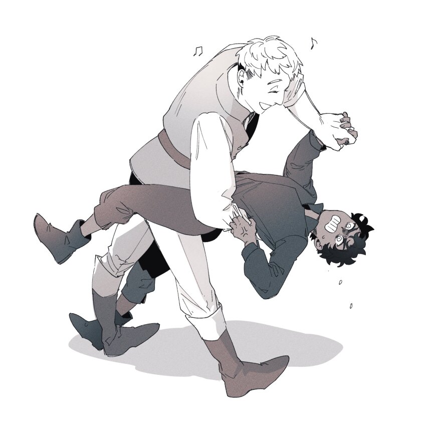 2boys, absurdres, arm_grab, boots, clenched_teeth, closed_eyes, dancing, dark-skinned_male