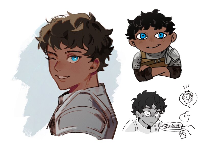 2boys, armor, blue_background, blue_eyes, brown_hair, commentary, crossed_arms, dark-skinned_male