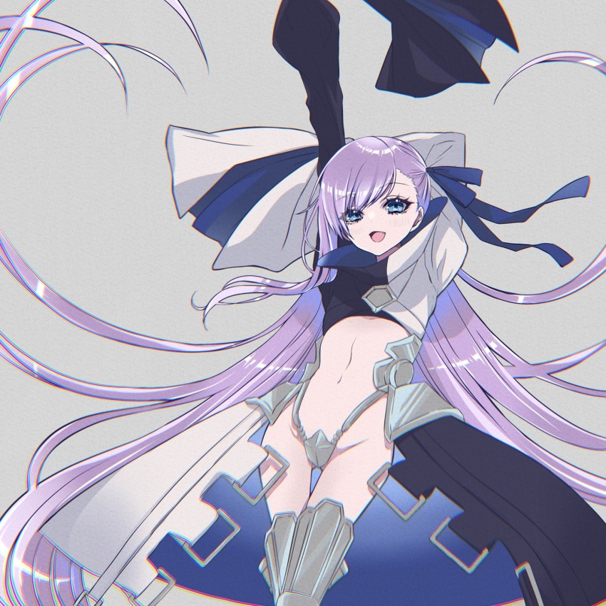 armor, armored_boots, black_jacket, blue_ribbon, boots, bound, brown_scrunchie, cowboy_shot