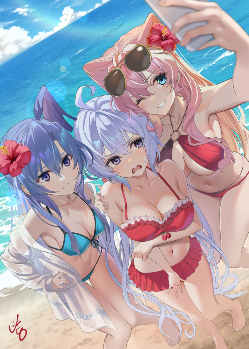 3girls, ahoge, barefoot, beach, bikini, blue_bikini, blue_eyes, blue_hair