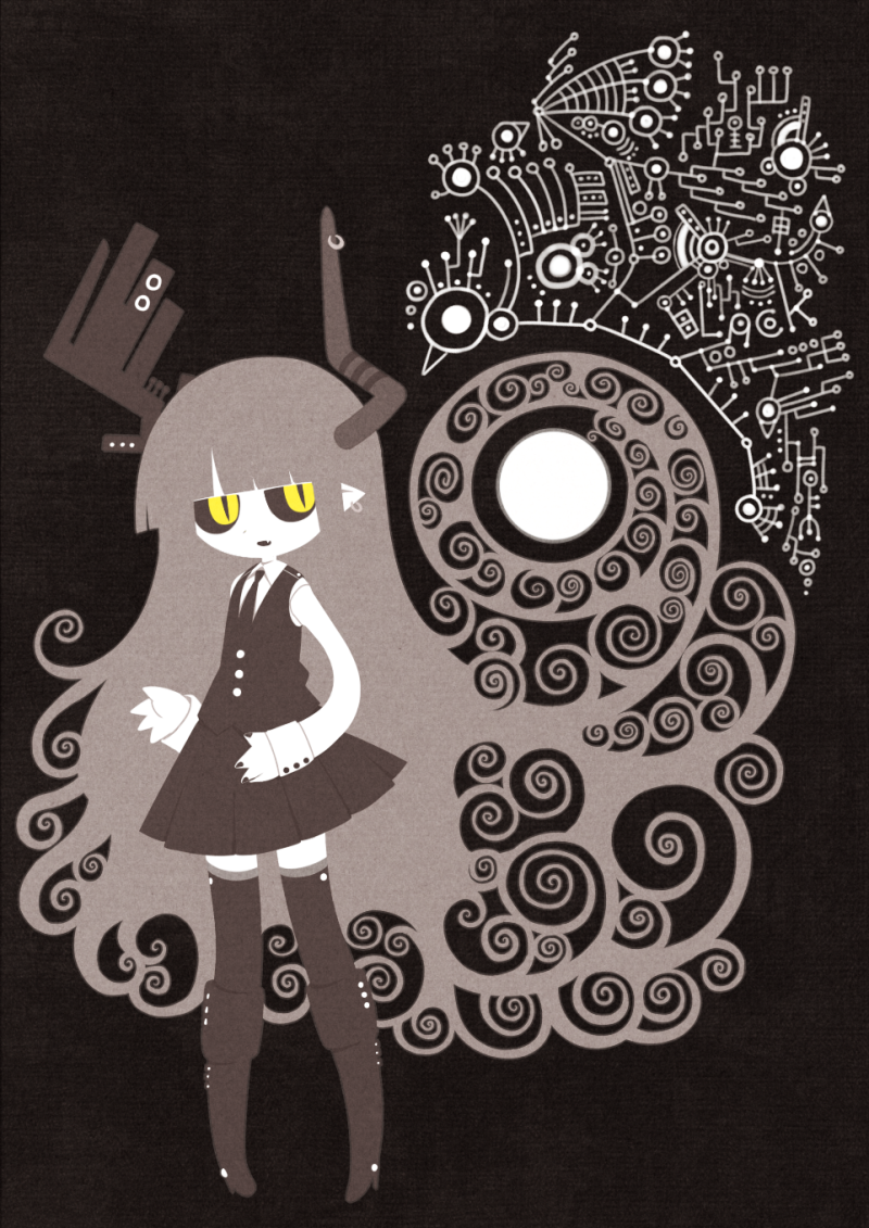 1girl, :o, black_background, black_boots, black_nails, black_sclera, black_skirt, black_thighhighs