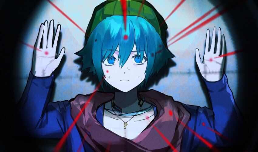 1boy, beanie, blue_eyes, blue_hair, blue_jacket, choker, closed_mouth, expressionless
