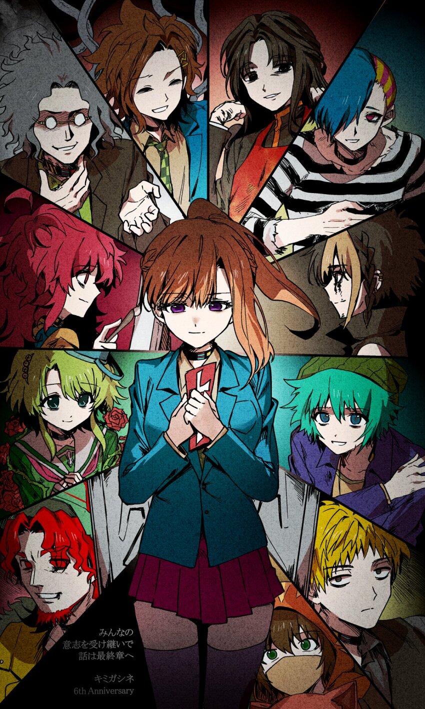 4girls, 6+boys, ahoge, aqua_hair, asymmetrical_hair, baseball_cap, black_choker, black_hair