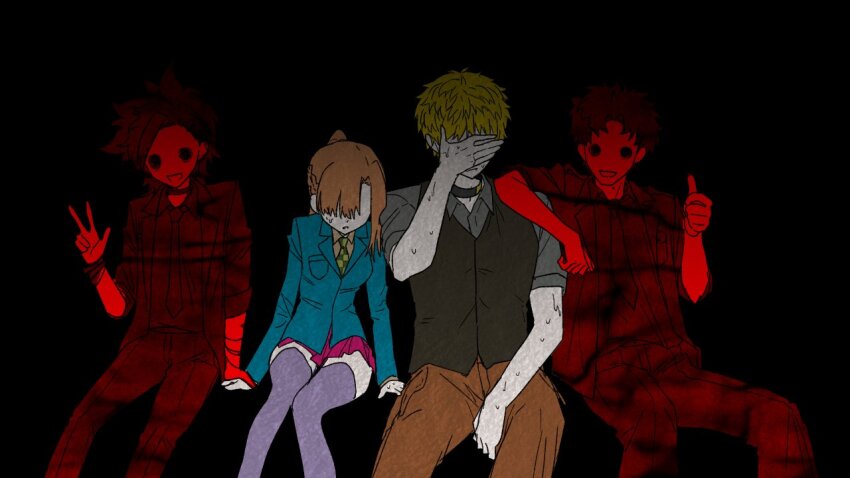 1girl, 3boys, black_background, blonde_hair, blue_jacket, checkered_necktie, chidouin_sara, covering_own_eyes