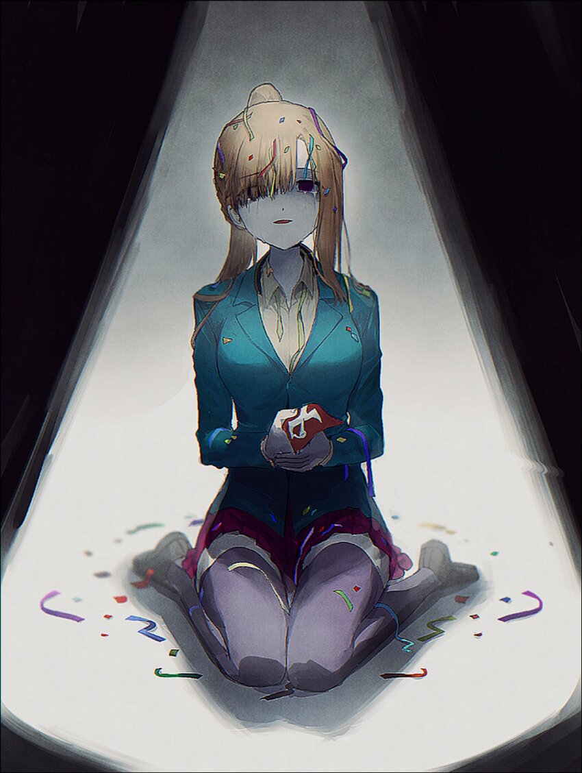 1girl, absurdres, blue_jacket, chidouin_sara, commentary_request, confetti, despair, empty_eyes, gongbbang, high_ponytail, highres, holding, holding_paper, jacket, kimi_ga_shine, kneeling, korean_commentary, long_hair, long_sleeves, orange_hair, paper, parted_lips, pink_skirt, ponytail, purple_thighhighs, school_uniform, shaded_face, skirt, smile, solo, sonobeno_school_uniform, thighhighs