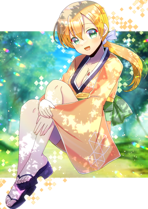 1girl, :d, black_sandals, blonde_hair, blue_sky, breast_tattoo, breasts, cleavage