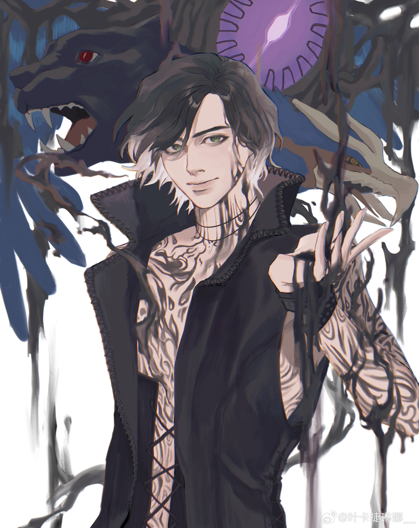1boy, absurdres, arm_tattoo, bare_shoulders, black_coat, black_gloves, black_hair, black_panther