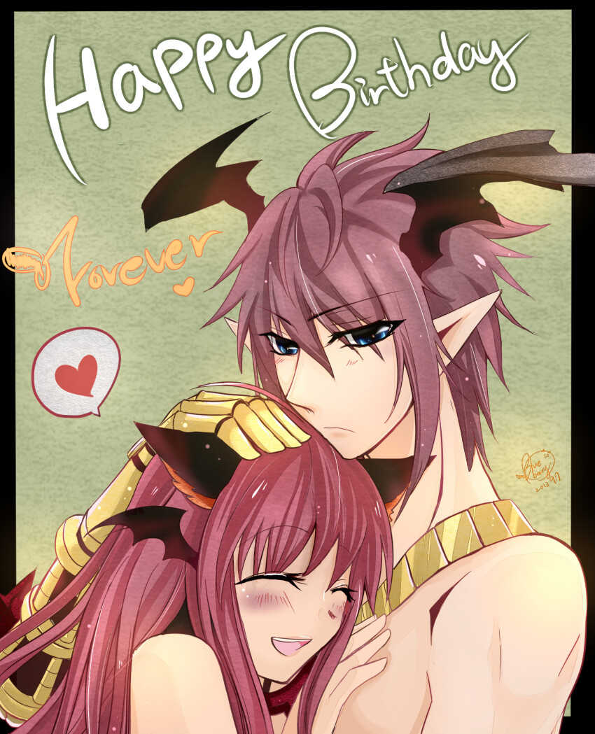 1boy, 1girl, animal_ears, assassin_cross_(ragnarok_online), black_gloves, black_wings, blue_eyes, blush, brown_hair, cat_ears, cat_girl, closed_eyes, closed_mouth, commentary_request, ear_wings, expressionless, eyes_visible_through_hair, gauntlets, gloves, green_background, hair_between_eyes, happy_birthday, head_wings, headpat, heart, hetero, highres, hug, jewelry, lanmei_jiang, long_bangs, long_hair, necklace, open_mouth, pink_hair, pointy_ears, ragnarok_online, short_hair, smile, spoken_heart, sura_(ragnarok_online), upper_body, wings