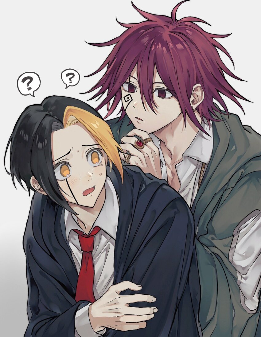 2boys, ?, black_hair, black_robe, carpaccio_luo-yang, collared_shirt, facial_mark, finn_ames