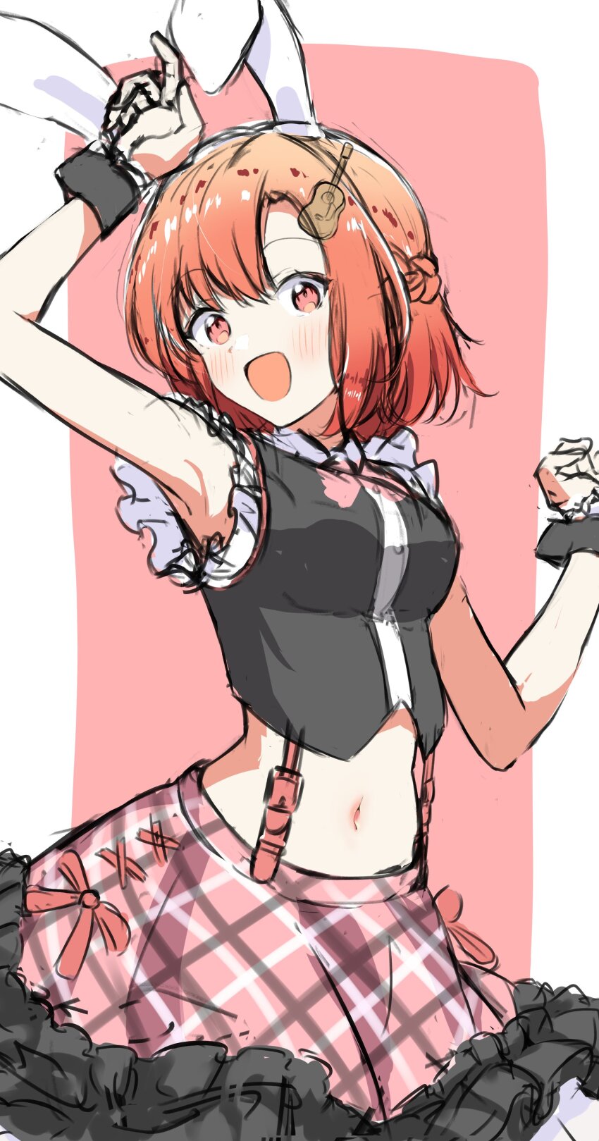 1girl, absurdres, arm_up, armpits, black_shirt, blush, braid, commentary