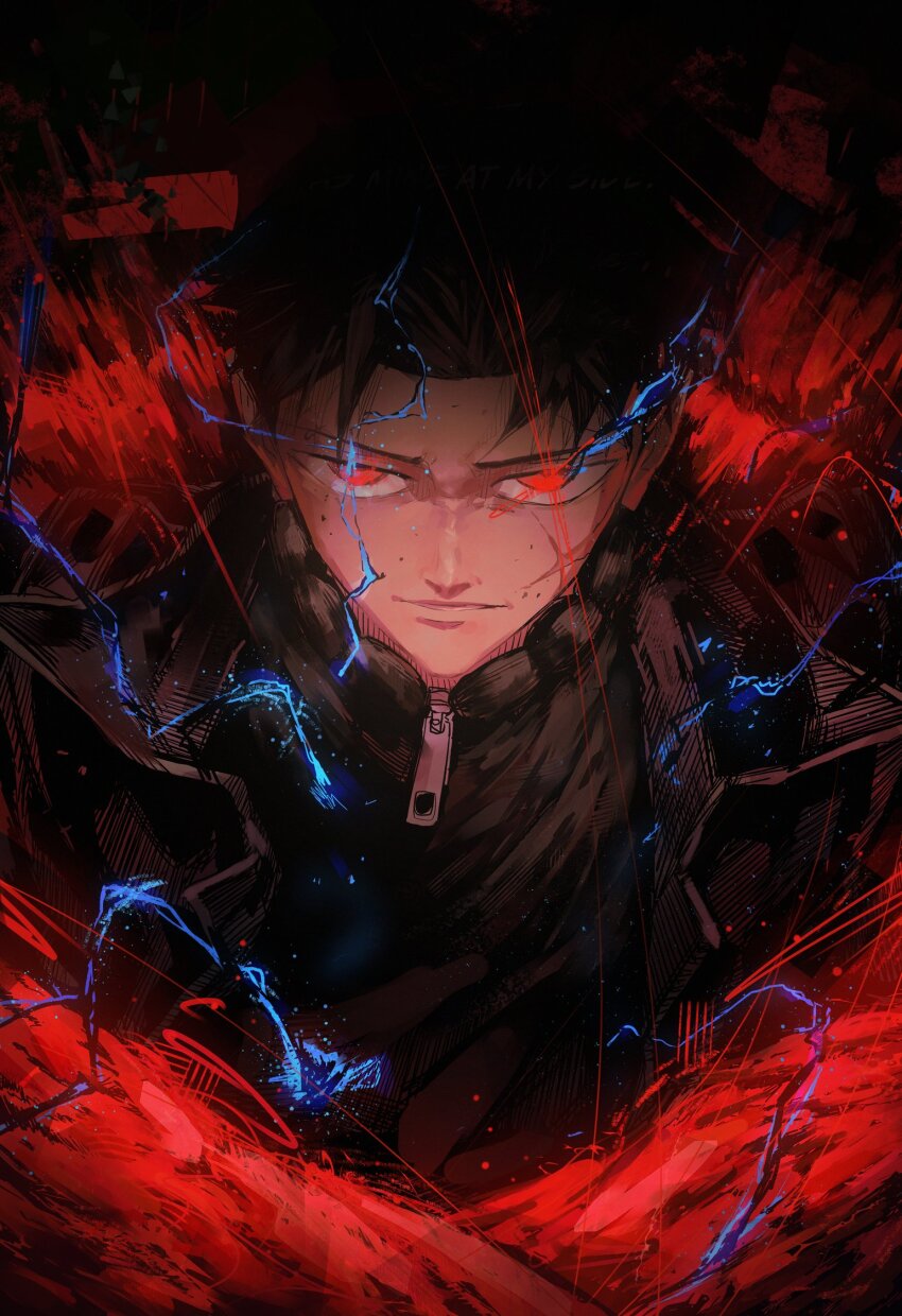 1boy, black_hair, black_jacket, blank_stare, branch, facial_hair, highres, jacket, kagurabachi, kusunokicolors, lightning, looking_at_viewer, red_eyes, rokuhira_chihiro