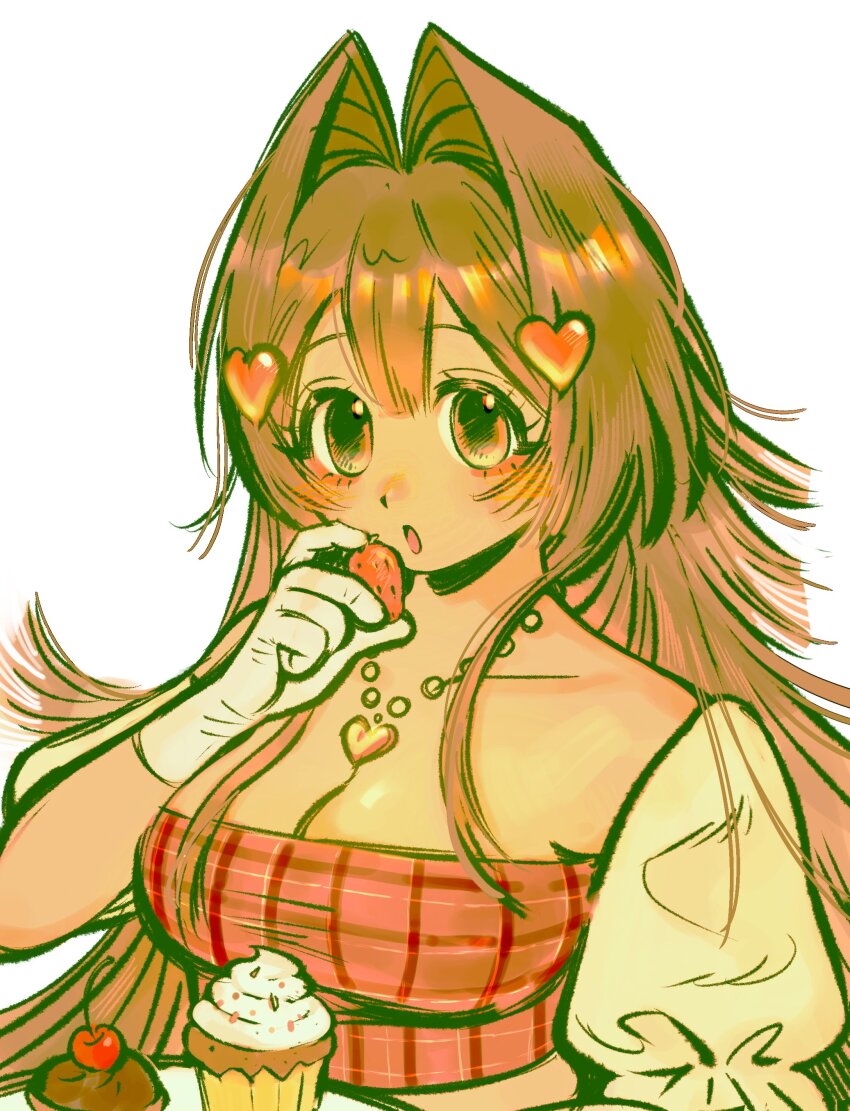 1girl, absurdres, borrowed_character, breasts, brown_eyes, brown_hair, cherry, cleavage, cupcake, female_focus, food, fruit, gloves, hair_intakes, hair_ornament, heart, heart_hair_ornament, heart_necklace, highres, holding, holding_food, holding_fruit, icing, jewelry, long_hair, looking_at_viewer, medium_breasts, nanaco_(meisharan), necklace, open_mouth, original, peeco_0, plaid_clothes, plaid_shirt, shirt, simple_background, solo, strawberry, white_background, white_gloves