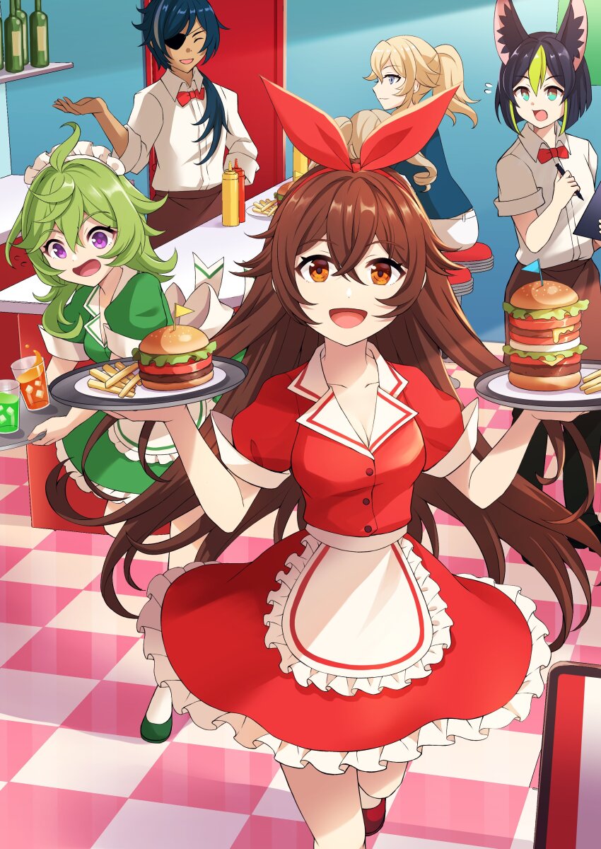 2boys, 4girls, absurdres, alternate_costume, amber_(genshin_impact), animal_ears, ankoro, barbara_(genshin_impact)