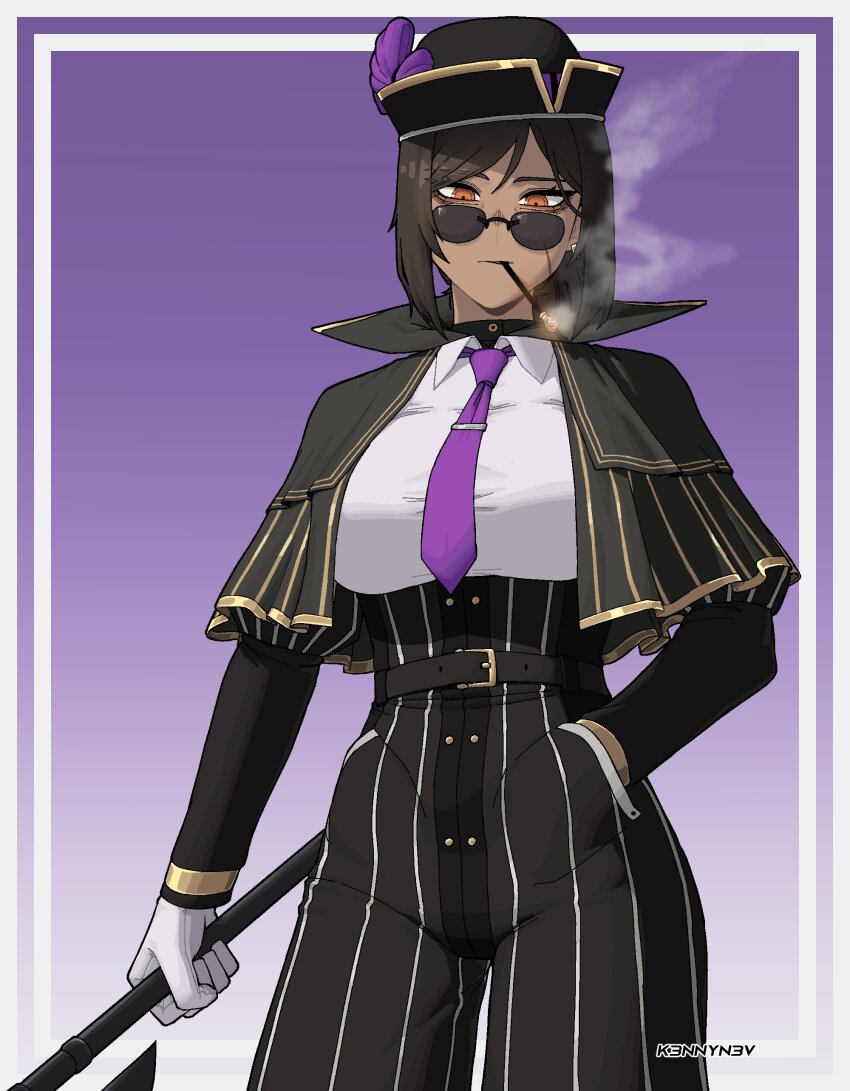 1girl, absurdres, belt, brown_eyes, brown_hair, capelet, collared_shirt, dark-skinned_female, dark_skin, gloves, halberd, hand_in_pocket, hat, highres, holding, holding_polearm, holding_weapon, k3nnyn3v, limbus_company, necktie, oufi_association_south_uniform, outis_(project_moon), polearm, project_moon, purple_necktie, shirt, short_hair, smoking, smoking_pipe, smoking_pipe_in_mouth, solo, sunglasses, weapon, white_gloves, white_shirt