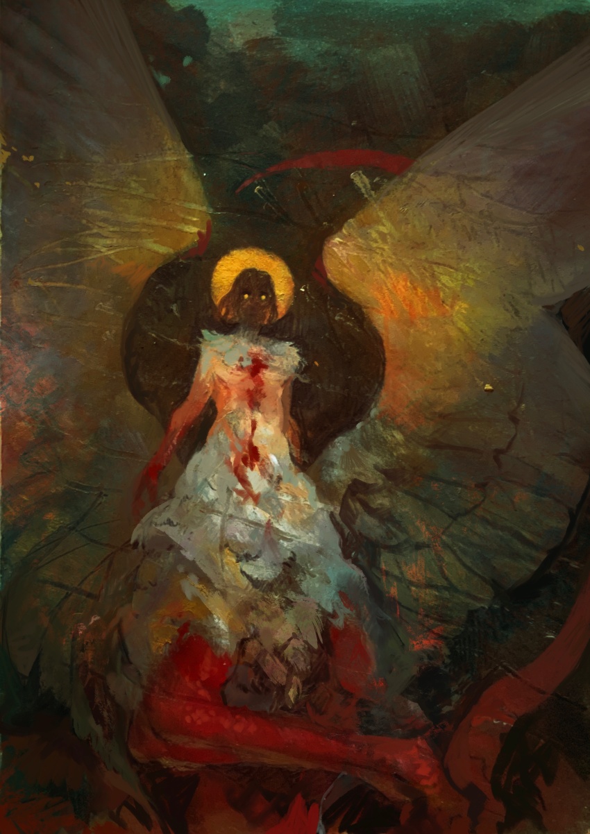 1girl, absurdres, blood_on_body, dark_background, dungeon_meshi, falin_touden, falin_touden_(chimera), feathers, glowing, glowing_eyes, halo, halo_behind_head, highres, jay_(inkeyjay), monster, solo, wings