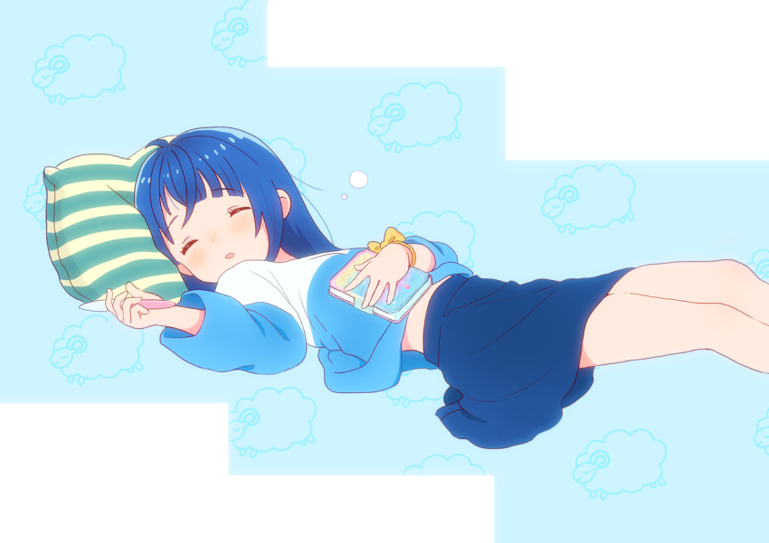 1girl, blue_background, blue_hair, blush, book, closed_eyes, cut_bangs, hirogaru_sky!_precure