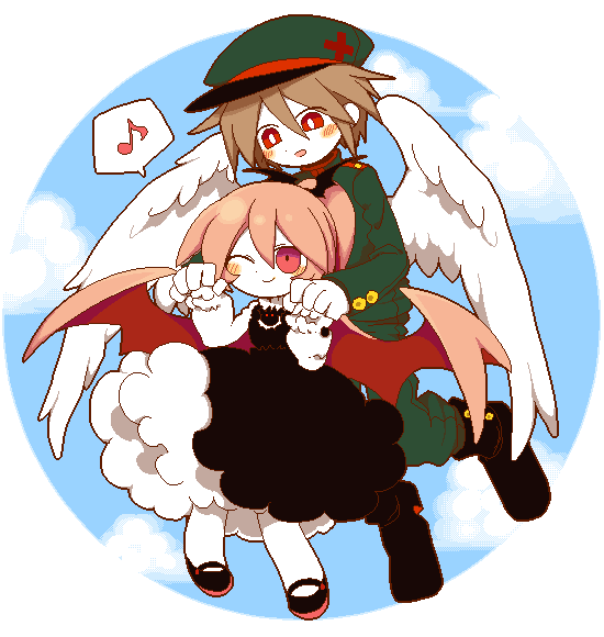 1boy, 1girl, black_dress, black_footwear, blush, bright_pupils, brown_hair, carrying, carrying_person, closed_mouth, cloud, colored_skin, dress, flying, frilled_dress, frilled_sleeves, frills, funamusea, funamusea_(artist), genderswap, genderswap_(ftm), green_hat, green_jacket, green_pants, haiiro_teien, hair_between_eyes, hair_wings, hat, head_wings, holding_hands, jacket, jaggy_lines, looking_at_another, macarona_(funamusea), musical_note, one_eye_closed, open_mouth, pants, petite, pink_eyes, pink_hair, pixel_art, rawberry_preserves, red_eyes, sky, smile, spoken_musical_note, white_pupils, white_skin, white_sleeves, wings