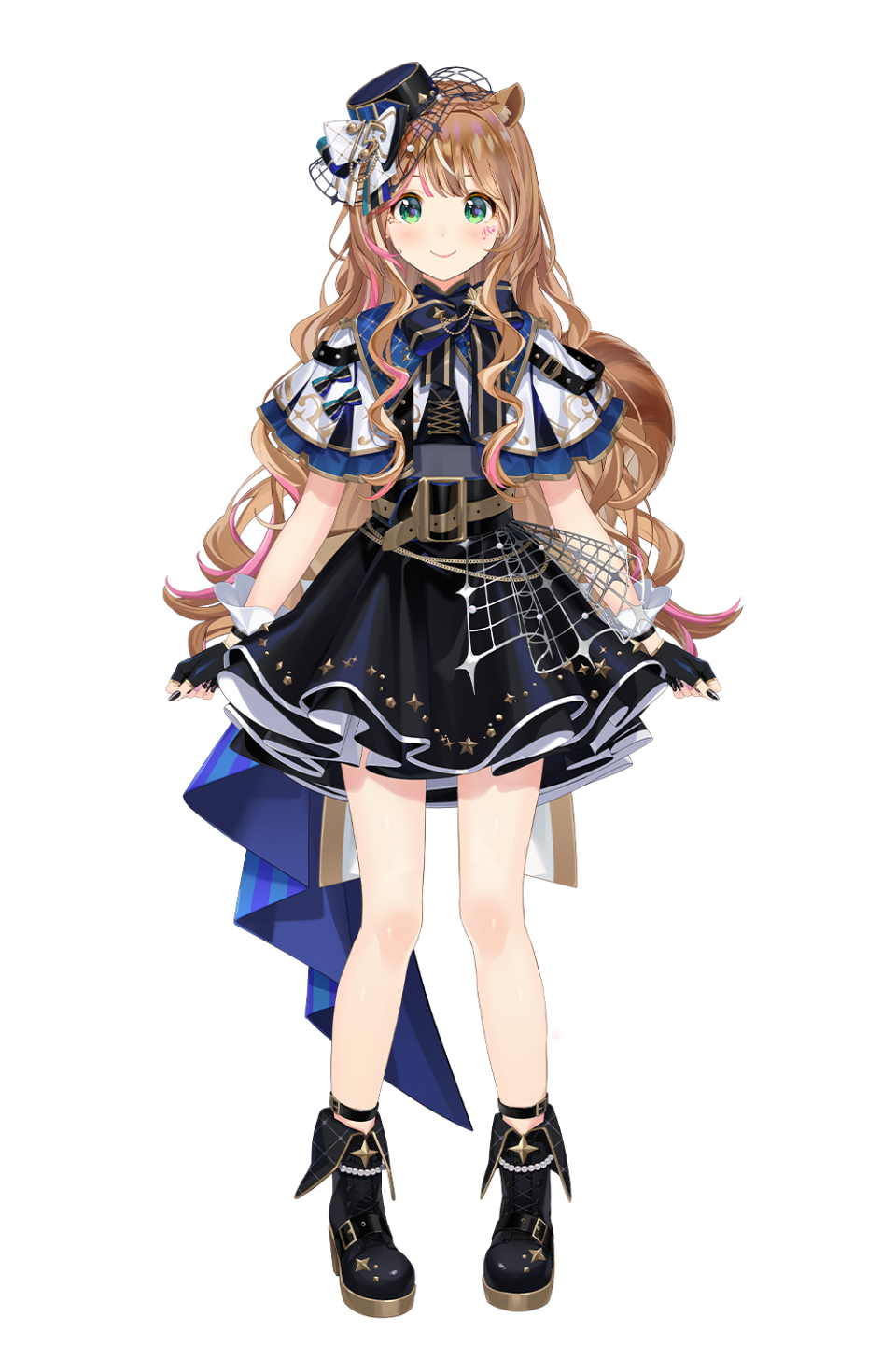 1girl, alternate_hair_length_(longer), animal_ears, artist_request, ayunda_risu, ayunda_risu_(work), belt, belt_buckle, black_boots, black_gloves, black_hat, black_nails, black_skirt, boots, brown_hair, buckle, capelet, colored_tips, facial_mark, fingerless_gloves, gloves, green_eyes, hat, hat_ornament, highres, hololive, hololive_indonesia, idol_clothes, lipstick, long_hair, makeup, multicolored_hair, nail_polish, official_alternate_costume, official_alternate_hairstyle, official_art, pink_hair, pink_lips, pleated_skirt, ribbon, second-party_source, skirt, smile, solo, squirrel_ears, squirrel_girl, squirrel_tail, standing, tail, very_long_hair, virtual_youtuber, white_background, white_capelet, wrist_cuffs