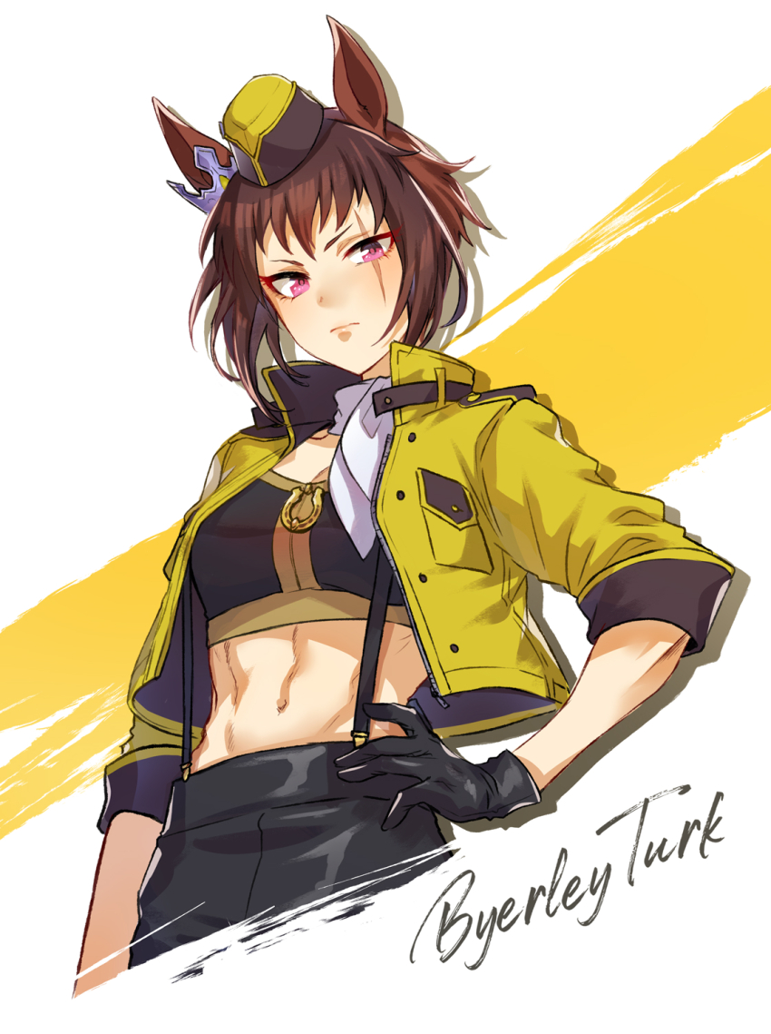 1girl, abs, animal_ears, black_gloves, black_pants, breasts, brown_hair, byerley_turk_(umamusume), character_name, cleavage, closed_mouth, commentary, crop_top, cropped_jacket, garrison_cap, gloves, hand_on_own_hip, hat, highres, horse_ears, horse_girl, hran_v0, jacket, long_sleeves, looking_at_viewer, medium_breasts, mommy_maro, navel, open_clothes, open_jacket, pants, purple_eyes, scar, scar_across_eye, scar_on_face, solo, suspenders, two-tone_background, umamusume, white_background, yellow_background, yellow_hat, yellow_jacket