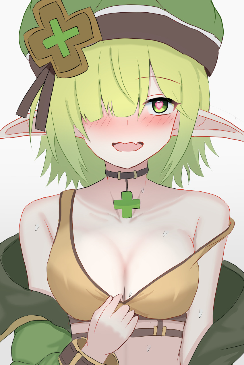 1girl, absurdres, aoi_(camp)_(princess_connect!), aoi_(princess_connect!), arms_at_sides, bare_shoulders, blush, breasts, brown_tank_top, cleavage, clover_ornament, collarbone, elf, green_eyes, green_hair, green_hat, green_jacket, hair_over_one_eye, hat, heart, heart-shaped_pupils, highres, jacket, medium_breasts, medium_hair, open_clothes, open_jacket, open_mouth, orange_sports_bra, orange_tank_top, pendant_choker, pointy_ears, princess_connect!, ryachika, simple_background, solo, sports_bra, strap_slip, symbol-shaped_pupils, tank_top, upper_body