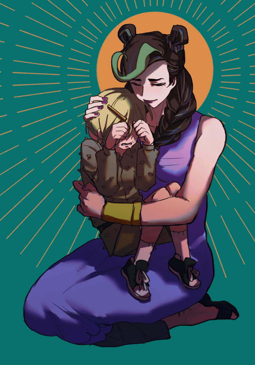 1boy, 1girl, aged_down, braid, child, closed_eyes, comforting, covering_own_eyes