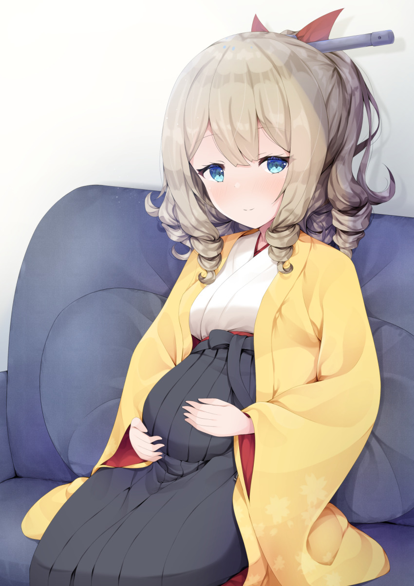 1girl, black_hakama, blue_eyes, breasts, drill_hair, furisode, hair_between_eyes, hair_ribbon, hakama, hakama_skirt, hands_on_own_stomach, haori, hatakaze_(kancolle), highres, japanese_clothes, kantai_collection, kimono, light_brown_hair, long_hair, medium_breasts, meiji_schoolgirl_uniform, nakatsurugi_(kasegawa_makase), ponytail, pregnant, red_ribbon, ribbon, sitting, skirt, smile, solo, white_kimono