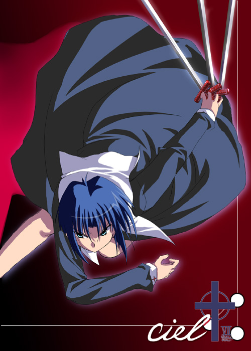 00s, 1girl, between_fingers, black_keys_(type-moon), blue_hair, character_name, ciel_(tsukihime), female_focus