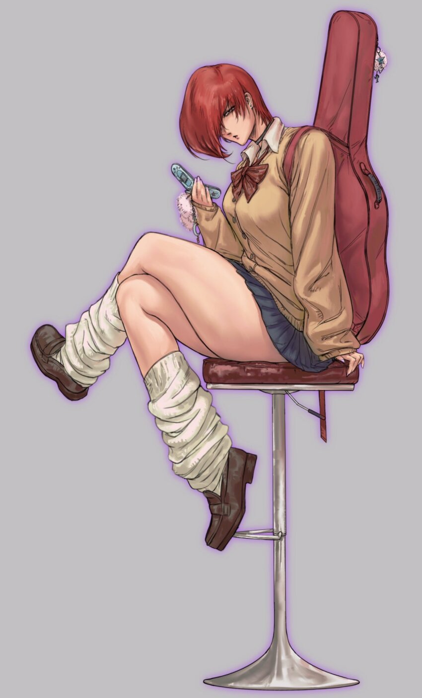 1girl, bow, breasts, cardigan, choker, curtained_hair, full_body, genderswap