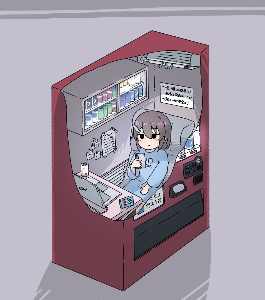 1girl, air_conditioner, bag, black_eyes, blue_shirt, brown_hair, can, cellphone