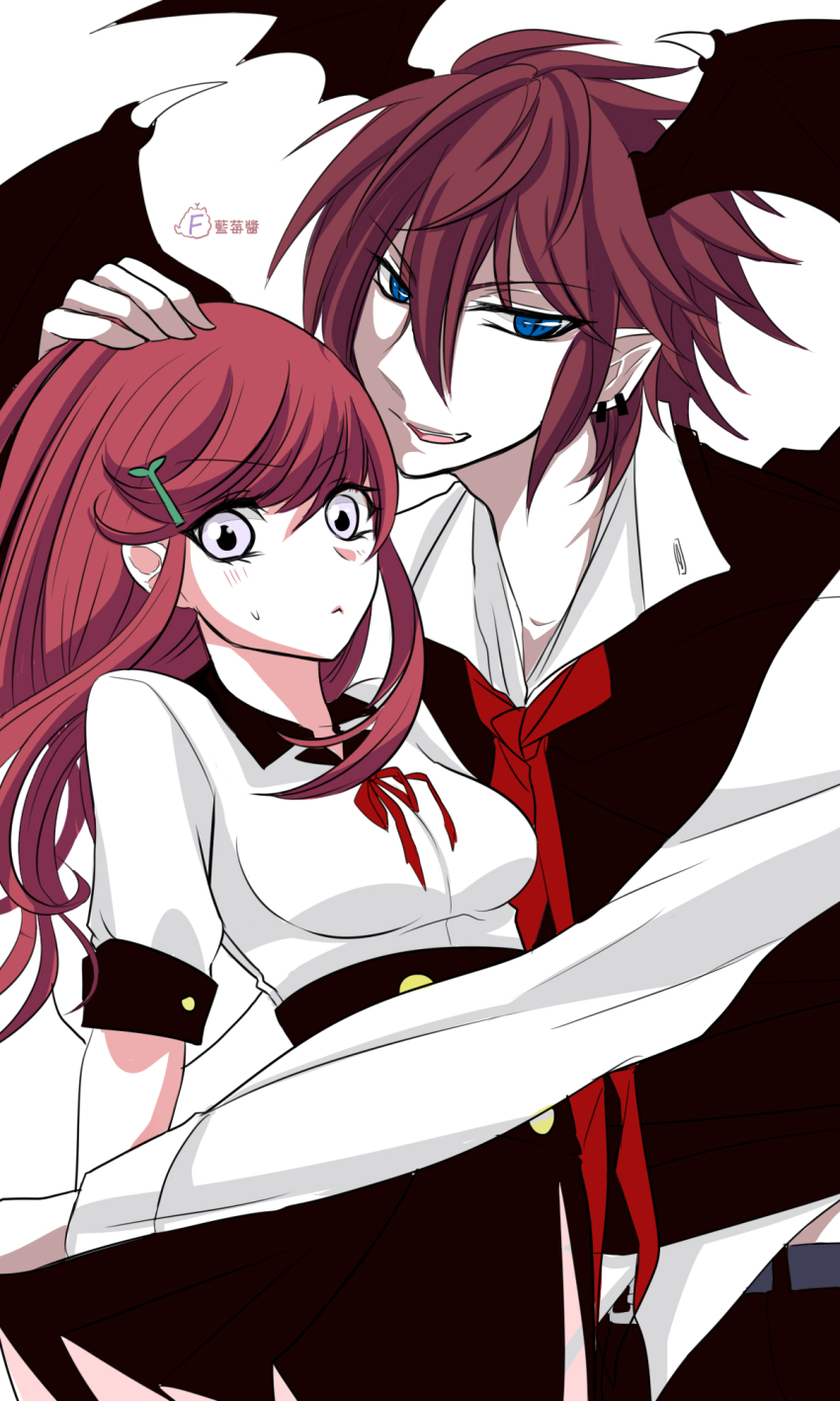 1boy, 1girl, black_vest, black_wings, blue_eyes, blush, breasts, closed_mouth