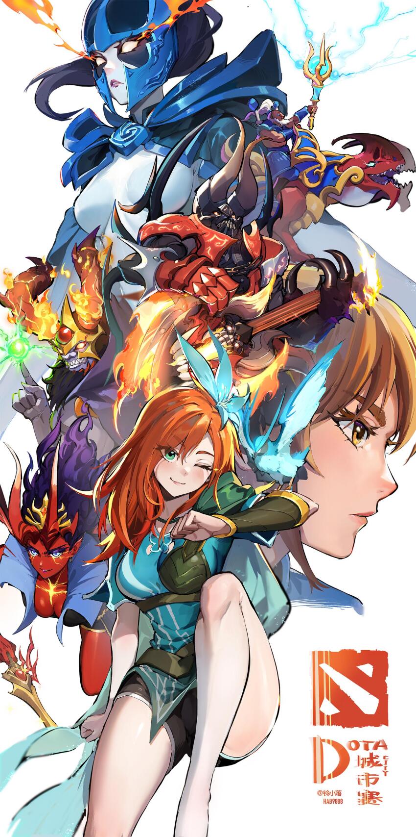 3boys, 4girls, ;), absurdres, armor, beard, bikini_armor, black_hair