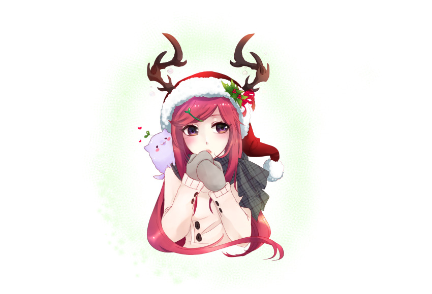 1girl, :3, animal, animal_on_shoulder, antlers, blush, cold, commentary