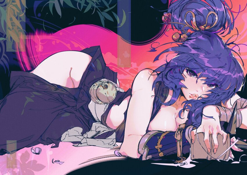 1girl, andres_blanco, bandaged_wrist, bandages, bell, breasts, center_opening, cleavage