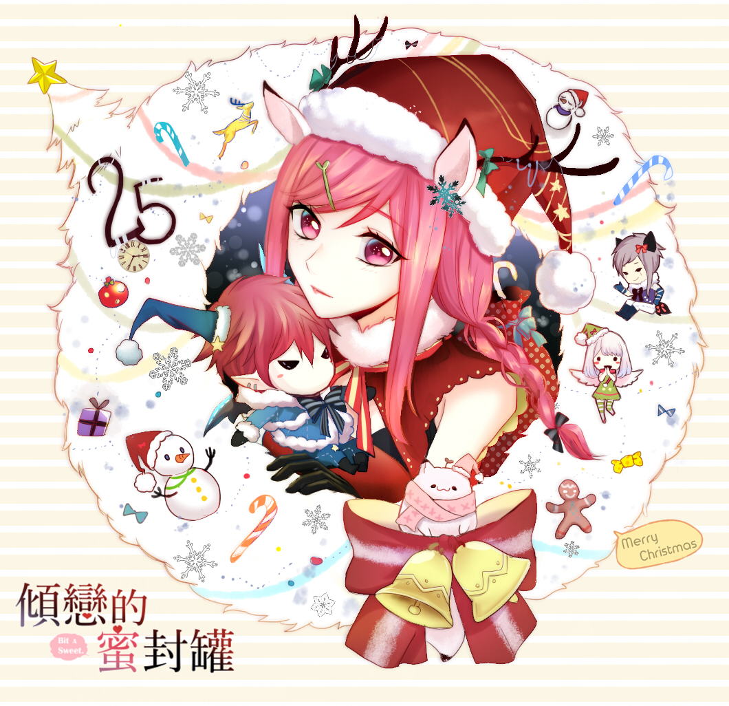 1girl, :3, bell, black_gloves, bow, braid, candy, candy_cane