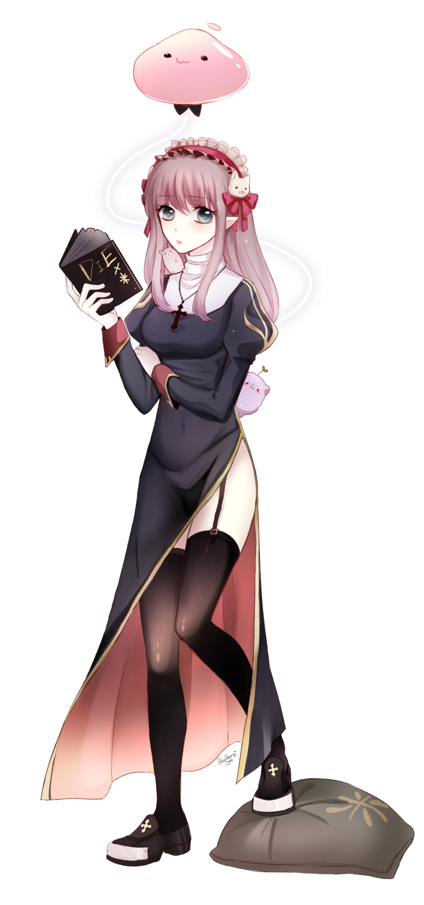 1girl, balloon, black_dress, black_shoes, black_thighhighs, book, bow, breasts