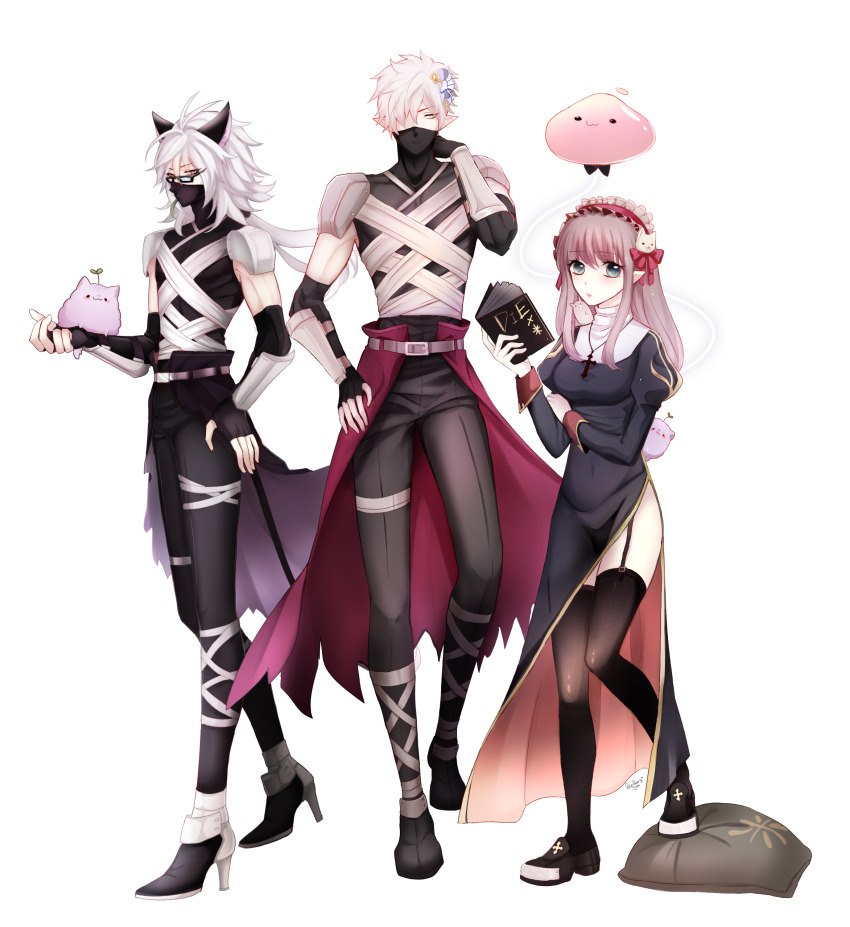 1girl, 2boys, :3, absurdres, animal_ears, armor, assassin_(ragnarok_online), balloon, bandages, black-framed_eyewear, black_dress, black_footwear, black_gloves, black_pants, black_shirt, black_thighhighs, book, boots, bow, breasts, brown_hair, cape, cat_boy, cat_ears, cat_tail, closed_mouth, commentary_request, cross, cross_necklace, dress, elbow_gloves, fingerless_gloves, frilled_hairband, frills, full_body, garter_straps, glasses, gloves, green_eyes, hair_between_eyes, hair_bow, hair_over_one_eye, hairband, hand_on_own_hip, hand_on_own_shoulder, high_heel_boots, high_heels, highres, holding, holding_book, jewelry, juliet_sleeves, lanmei_jiang, long_bangs, long_hair, long_sleeves, looking_at_viewer, low_ponytail, mask, medium_breasts, mouth_mask, multiple_boys, necklace, ninja_mask, nun, pants, pauldrons, pillow, pointy_ears, ponytail, poring, priest_(ragnarok_online), puffy_sleeves, purple_cape, ragnarok_online, red_cape, red_hairband, shirt, shoes, short_hair, shoulder_armor, simple_background, sleeveless, sleeveless_shirt, standing, tail, thighhighs, torn_cape, torn_clothes, transparent_background, undersized_animal, waist_cape, walking, white_bow, white_hair, wolf, yellow_eyes