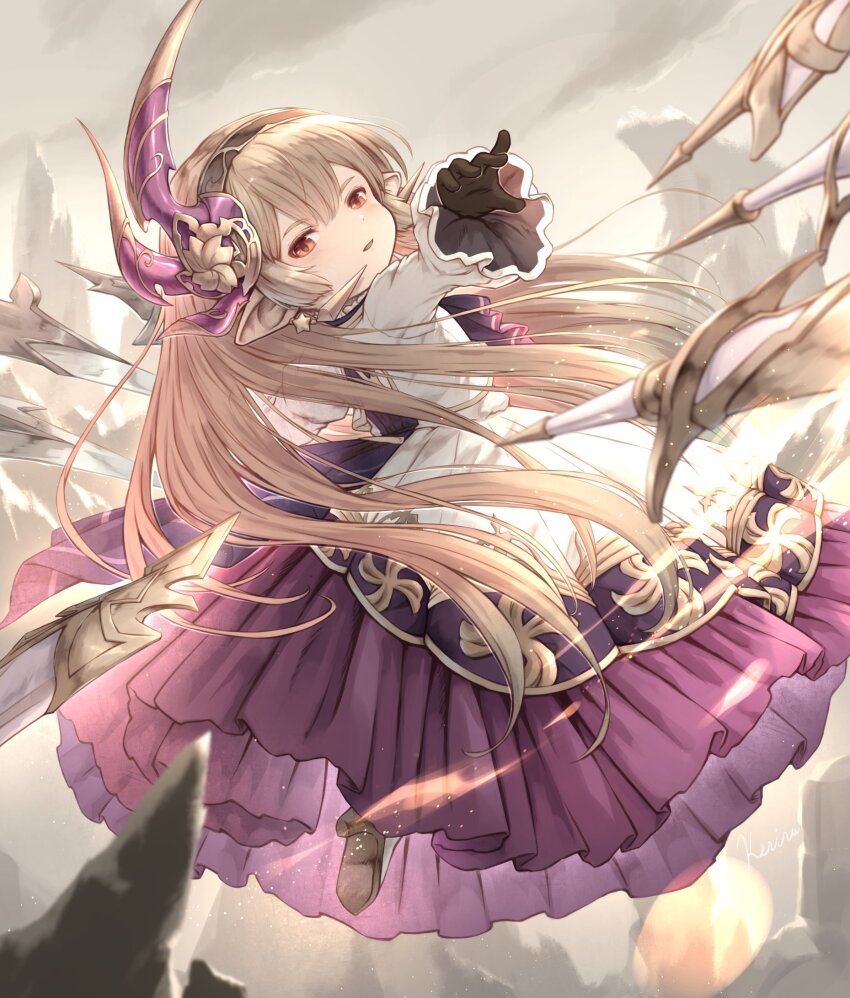 ascot, black_gloves, brown_hairband, dress, earrings, floating_sword, floating_weapon, flying