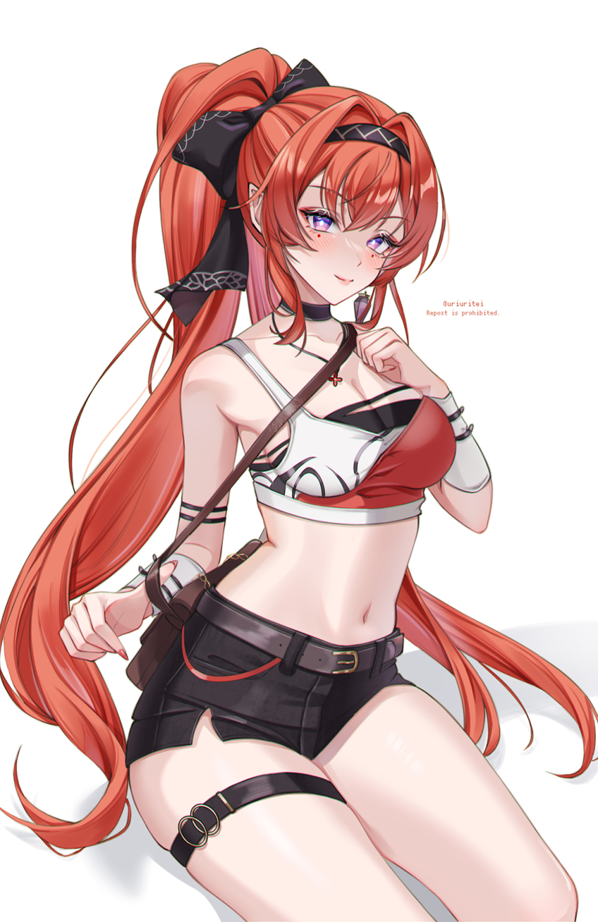 1girl, bag, black_bow, black_choker, black_shorts, bow, bright_pupils, brown_bag, choker, commentary_request, crop_top, drop_shadow, english_text, eyeshadow, hair_between_eyes, hair_bow, high_ponytail, highres, jewelry, leather_belt, light_blush, long_hair, looking_at_viewer, makeup, midriff, multicolored_eyes, nail_polish, navel, necklace, pink_eyes, pointy_ears, ponytail, purple_eyes, red_eyeshadow, red_hair, red_nails, red_shirt, shirt, short_shorts, shorts, shoulder_bag, simple_background, sitting, skindentation, smile, solo, stomach, thigh_strap, twitter_username, two-tone_eyes, two-tone_shirt, uriuritei, very_long_hair, white_background, white_pupils, white_shirt, wrist_wrap, wuthering_waves, yinlin_(wuthering_waves)