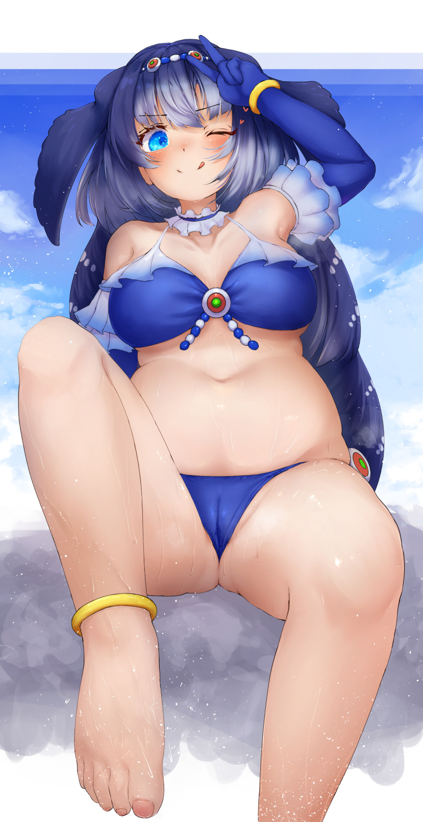 1girl, ;q, absurdres, arm_up, barefoot, belly, bikini, blue_bikini, blue_eyes, blue_hair, blush, breasts, cameltoe, choker, dark_blue_hair, elbow_gloves, fins, foot_out_of_frame, frilled_choker, frills, gloves, gluteal_fold, head_fins, heart, highres, kemono_friends, kemono_friends_3, knee_up, large_breasts, leaning_back, light_blue_hair, long_hair, looking_at_viewer, multicolored_hair, navel, one_eye_closed, plump, sitting, skindentation, smile, solo, spread_legs, steller's_sea_cow_(kemono_friends), stomach, straight-on, swimsuit, takara_(takara0508), toenails, toes, tongue, tongue_out, v, very_long_hair, wet