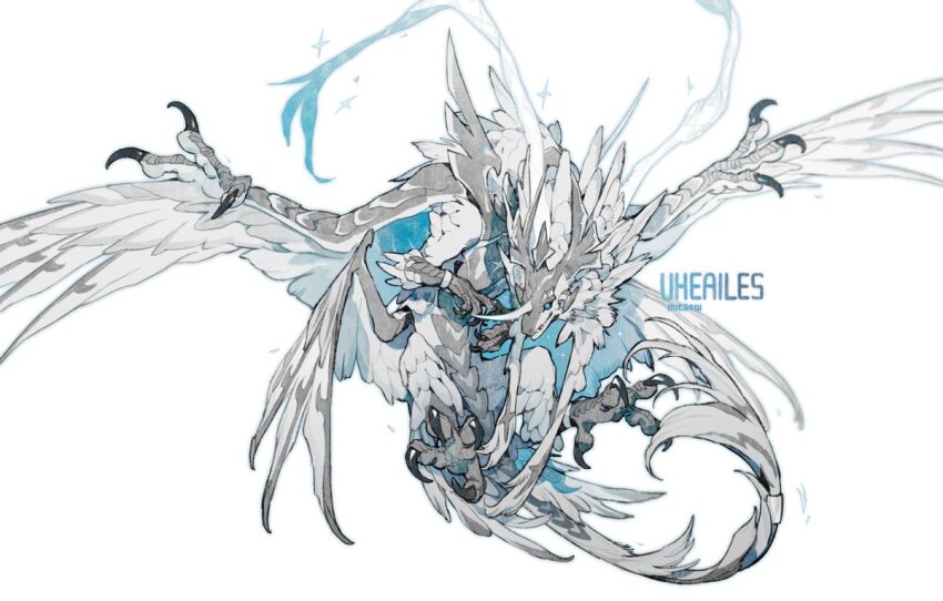 animal_focus, artist_name, blue_eyes, bracelet, chinese_commentary, claws, commentary_request, dragon, feathers, full_body, horns, jewelry, microw, monster, multiple_wings, no_humans, original, scales, simple_background, single_horn, solo, sparkle, spread_wings, tail, tail_ornament, tail_ring, talons, white_background, white_wings, wings