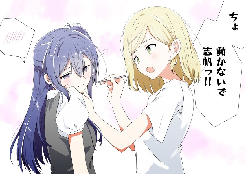 2girls, applying_makeup, averting_eyes, black_dress, blonde_hair, blue_hair, blush, breasts