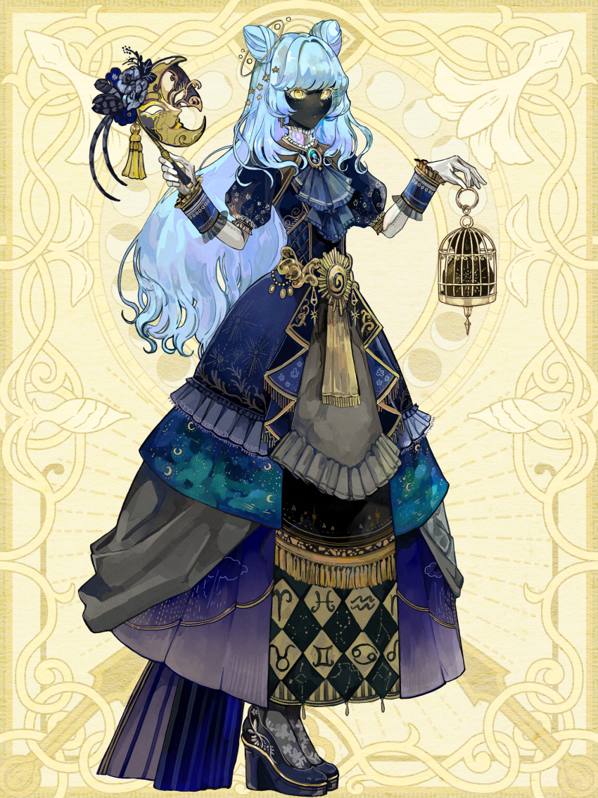 1girl, :o, argyle_clothes, ascot, ashioka_kuraco, belt, birdcage, black_dress, black_skin, blue_ascot, blue_dress, blue_footwear, blue_gem, blue_hair, blunt_bangs, brooch, cage, carnival_mask, chain_paradox, cloud_print, colored_eyelashes, colored_skin, cone_hair_bun, crescent_print, double_bun, dress, elbow_gloves, floral_print, frilled_dress, frilled_shirt_collar, frills, fringe_trim, full_body, gem, gloves, gown, grey_pantyhose, hair_bun, hair_ornament, high_heels, highres, holding, holding_cage, holding_mask, jewelry, layered_dress, light_blue_hair, long_dress, long_hair, mask, masquerade_mask, mira_tenebrae, multicolored_dress, pantyhose, planetary_ring, print_pantyhose, puffy_short_sleeves, puffy_sleeves, purple_dress, short_sleeves, solo, standing, star_(symbol), star_hair_ornament, sun_print, tassel, train_(clothing), wavy_hair, white_gloves, wrist_cuffs, yellow_background, yellow_eyes