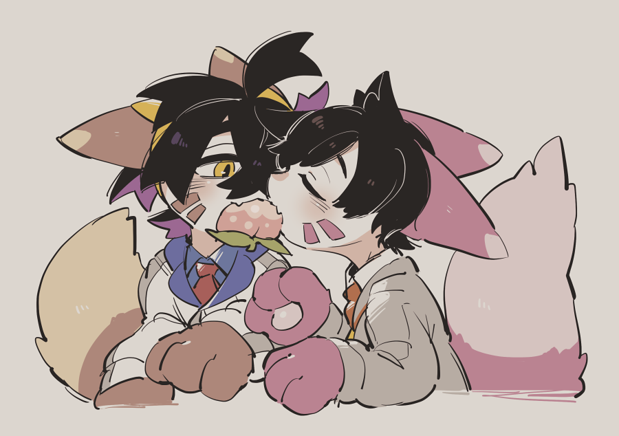 2boys, ahoge, alternate_color, animal, animal_ears, animal_hands, berry_(pokemon), black_hair, blue_jacket, blue_shirt, blush, body_fur, brown_fur, closed_eyes, collared_shirt, commentary_request, crossed_bangs, face-to-face, facial_mark, facing_another, fang, fewer_digits, florian_(pokemon), food, food_in_mouth, fruit, furret, gen_2_pokemon, grey_jacket, hair_between_eyes, hairband, hand_up, indirect_kiss, jacket, kemonomimi_mode, kieran_(pokemon), looking_down, lunchbox_(artist), male_focus, multicolored_hair, multicolored_jacket, multiple_boys, necktie, nintendo, orange_necktie, paw_print, pawpads, pecha_berry, pink_fur, pokemon, pokemon_(creature), pokemon_scarlet_and_violet, purple_fur, purple_hair, red_necktie, shiny_pokemon, shirt, short_hair, simple_background, skin_fang, tail, two-tone_hair, upper_body, whisker_markings, white_background, white_jacket, white_shirt, yaoi, yellow_eyes, yellow_hairband