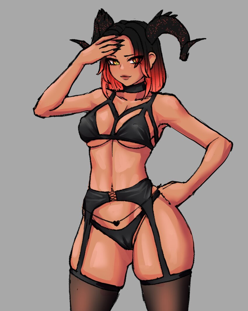 1girl, absurdres, adc_vr, breasts, garter_belt, highres, horns, indie_virtual_youtuber