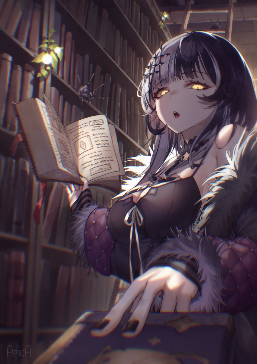 1girl, :o, absurdres, arm_warmers, artist_name, arupaoka, bare_shoulders, belt